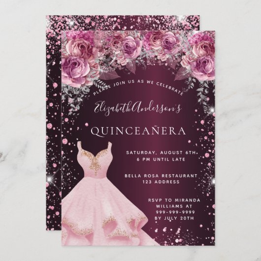 Quinceanera rosa bordeauxfarbene Glitzer Kleid flo Einladung (Vorne/Hinten)