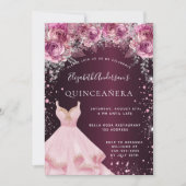 Quinceanera rosa bordeauxfarbene Glitzer Kleid flo Einladung (Vorderseite)