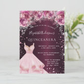 Quinceanera rosa bordeauxfarbene Glitzer Kleid flo Einladung (Stehend Vorderseite)