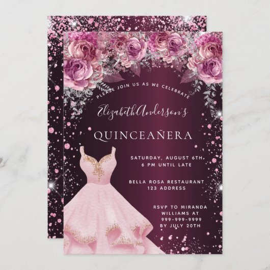 Quinceanera rosa bordeauxfarbene Glitzer Kleid flo Einladung (Vorne/Hinten)