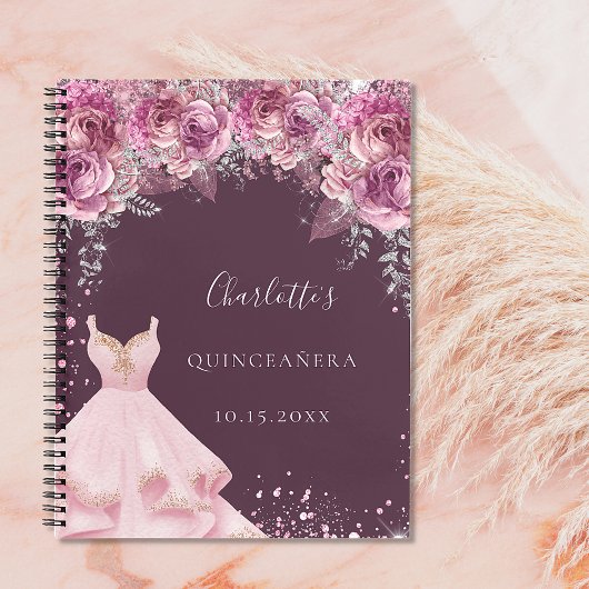 Quinceanera rosa bugundy Blumenkleid Gästebuch Notizblock