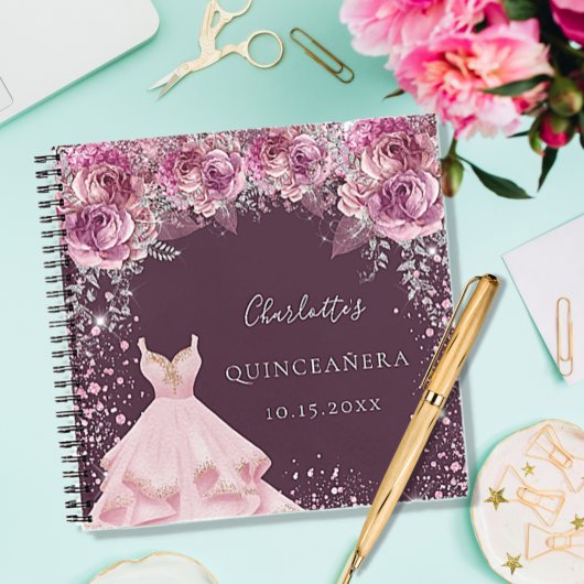 Quinceanera rosa bugundy Blumenkleid Gästebuch Notizblock