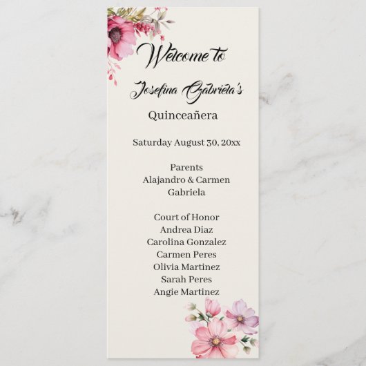 Quinceanera rosa doppelseitige Programmkarte Programm (Vorderseite)