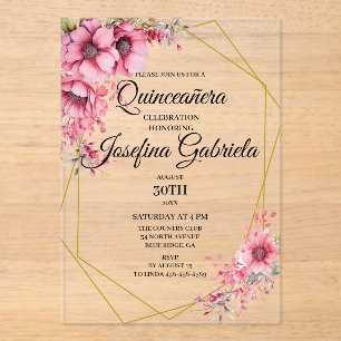 Quinceanera rosa floral acryleinladungen