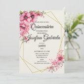Quinceañera rosa floral Einladung (Stehend Vorderseite)
