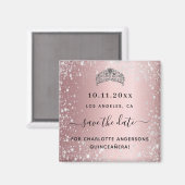 Quinceanera Rosa Glitzer Tiara Save the Date Magnet (Vorderseite/Rückseite)
