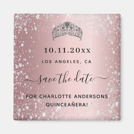Quinceanera Rosa Glitzer Tiara Save the Date Magnet (Vorne)