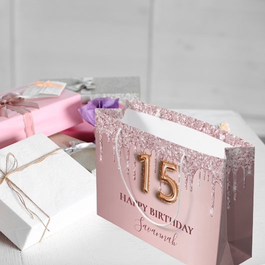 Quinceanera Rosa Glitzer Tropfen Monogramm Name Große Geschenktüte