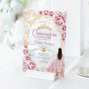 Quinceanera Rosa Gold Floral Acryleinladungen