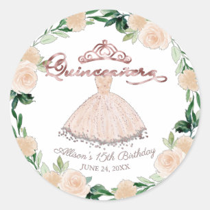 Quinceanera-Rosa-Gold-Rosé-Kleid Rosa Floral Runder Aufkleber
