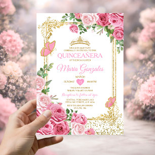 Quinceañera Rosa Goldkrone Schmetterling 15 Jahre Einladung