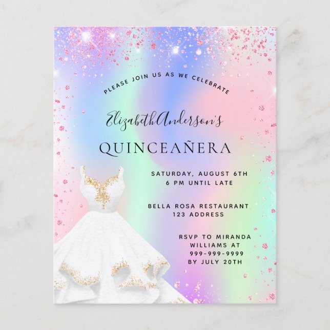 Quinceanera rosa holografische Kleidung Einladung (Vorderseite)
