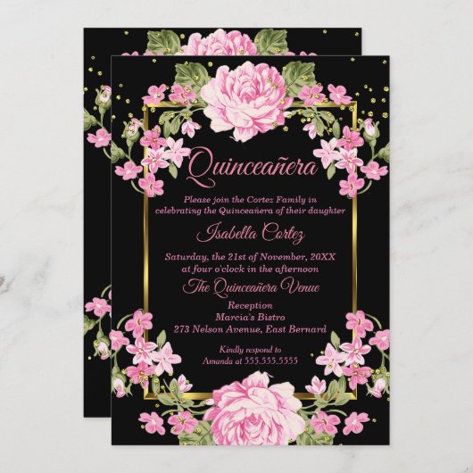 Quinceanera Rosa Hübsches Land Florengold Einladung (Vorne/Hinten)