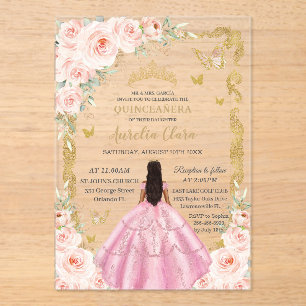 Quinceañera Rosa Kleid Vintage Gold Blush Floral Acryleinladungen