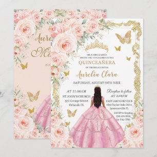 Quinceañera Rosa Kleid Vintage Gold Blush Floral Einladung