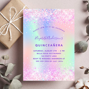 Quinceanera Rosa Lila Glitter holografischer Luxus Einladung