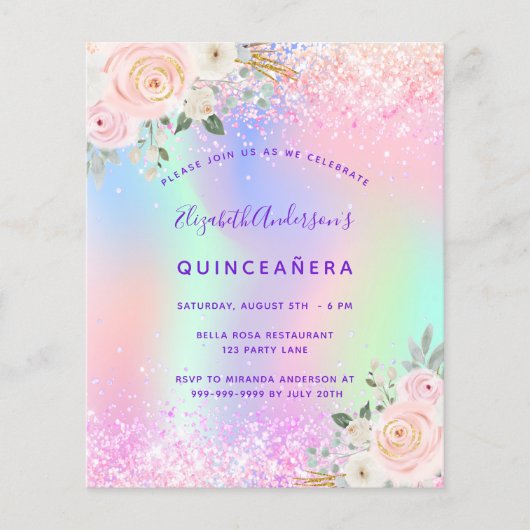 Quinceanera rosa lila Glitzer Blumenbudget Flyer (Vorne)