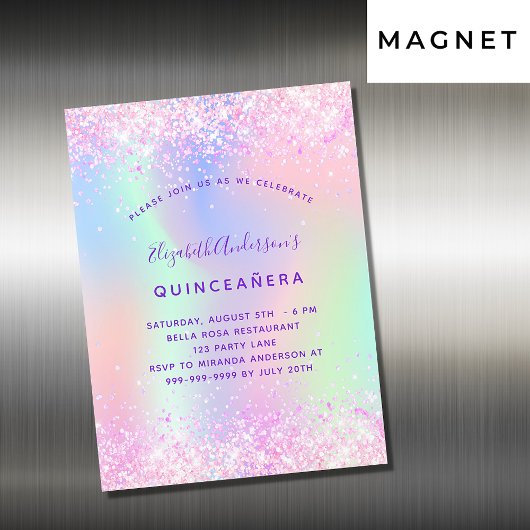 Quinceanera rosa lila holografischer Luxus Magneteinladung
