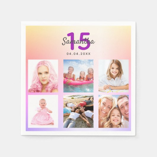 Quinceanera rosa lila Rose Goldname Serviette (Vorderseite)