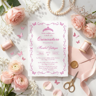 Quinceañera Rosa mit Krone und Schmetterlingen Einladung