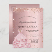 Quinceanera Rosa Rosa Goldkleid Einladungspostkarte (Vorne/Hinten)