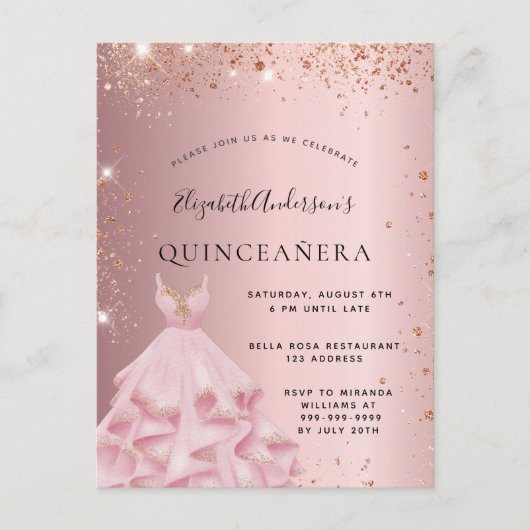 Quinceanera Rosa Rosa Goldkleid Einladungspostkarte (Vorderseite)