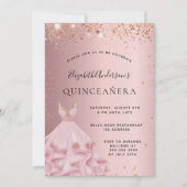 Quinceanera Rosa Rosa Goldkleid Luxus Einladung (Vorderseite)