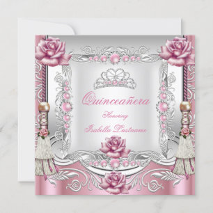 QUINCEANERA Rosa Rosen Quasten Silbernes Diadem Einladung