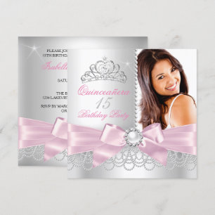 Quinceanera Rosa Schleife weiße Perlen Foto Geburt Einladung