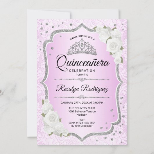Quinceanera - Rosa Silber Einladung (Vorderseite)