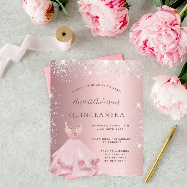 Quinceanera rosa silberne Kleidung Einladung (Von Creator hochgeladen)