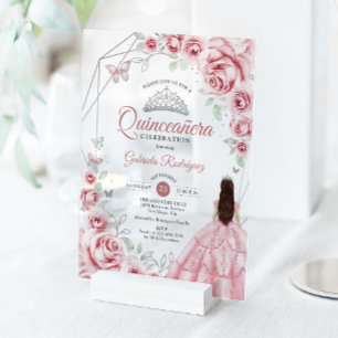 Quinceanera Rosa Silbernes Kleid Floral Acryleinladungen