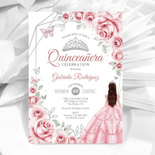 Quinceanera Rosa Silbernes Kleid Floral Einladung