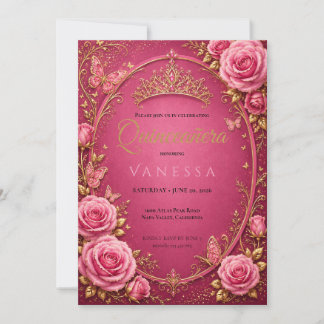 Quinceanera Rosa und Gold Einladung
