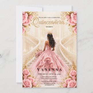 Quinceanera-Rosa- und Goldene Einladung