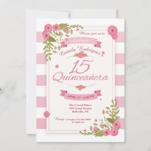 Quinceañera Rosa und weiße Streifen Einladung (Vorderseite)