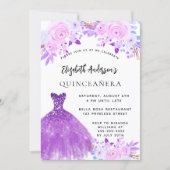 Quinceanera rosa violette Blumen Kleid Einladung (Vorderseite)