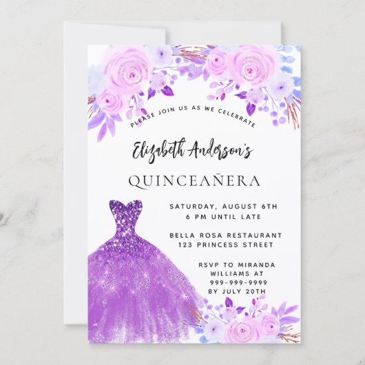 Quinceanera rosa violette Blumen Kleid Einladung (Vorderseite)