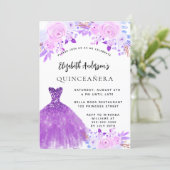 Quinceanera rosa violette Blumen Kleid Einladung (Stehend Vorderseite)