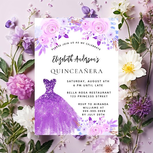 Quinceanera rosa violette Blumen Kleid Einladung