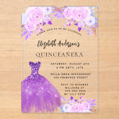 Quinceanera rosa violette Blumen Kleid klar Acryleinladungen (Vorderseite)