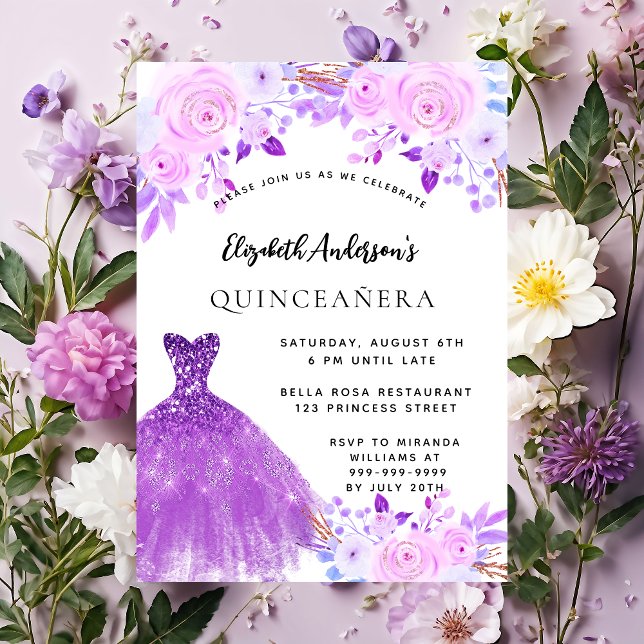 Quinceanera rosa violette Blumen Kleidung Einladun (Von Creator hochgeladen)