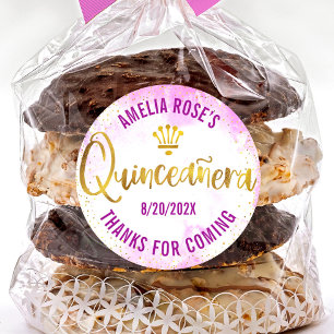 Quinceañera Rosa Wasserfarbe Goldfolie Moderne Gla Runder Aufkleber