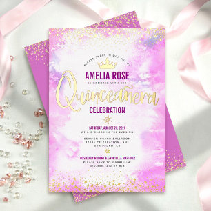 Quinceañera Rosa Wasserfarbe Mädchenkrone Echtgold Folieneinladung