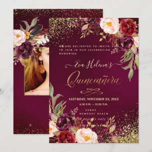 Quinceañera, Rosa Wasserfarben Blumen DIY Burgund Einladung