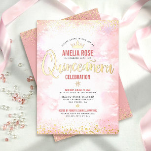 Quinceañera-Rosa-Wasserfarbkrone echtes Gold Folieneinladung