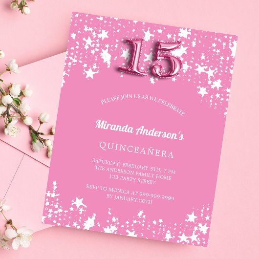 Quinceanera Rosa weiße Sterne Haushaltseinladung Flyer