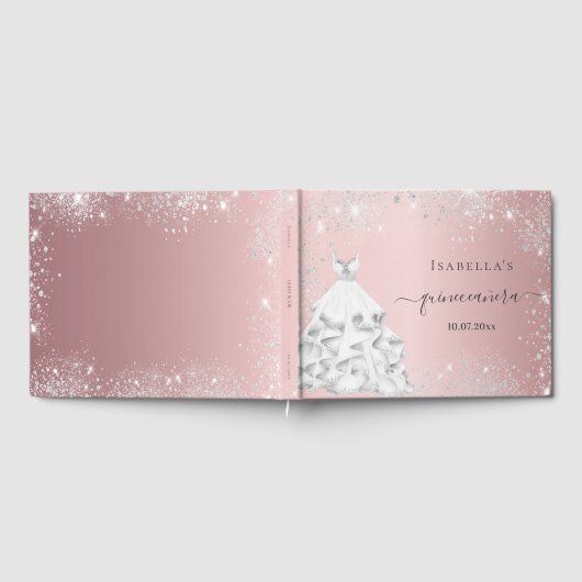 Quinceanera Rosa weißes Kleid Glitzer Gästebuch (Voll)