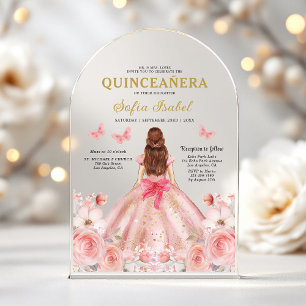 Quinceañera Rosafarben Rose Floral Schmetterling Acryleinladungen