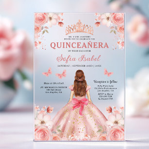 Quinceañera Rosafarben Rose Floral Schmetterling Acryleinladungen